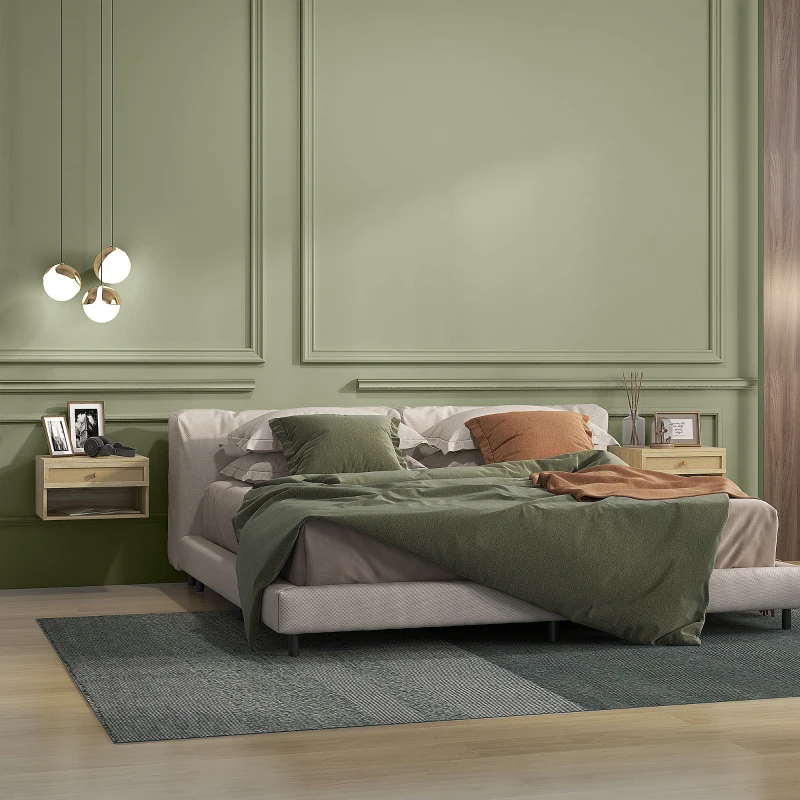 HOMCOM Floating Nightstand Set of 2, Nordic Wall Mounted Bedside Table with Drawer and Open Shelf for Bedroom, Natural Wood