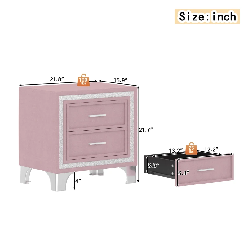 Queen Size Bedroom Set with Upholstered Platform Bed, LED Lights and 2 Nightstands, Bed for Living Room, 84" L x 64" W x 46" H, Pink