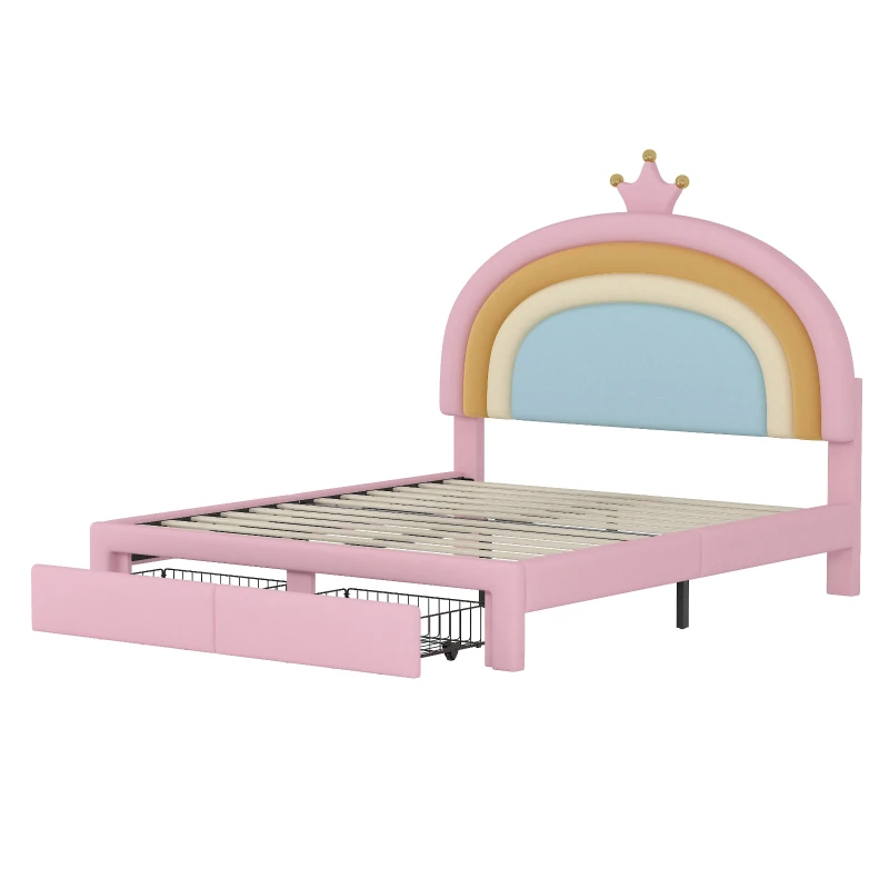 Full Size Upholstered Rainbow Design Bed with Velvet Finish and Storage Drawer, Bed Frame for Children, 77.5" L x 55.5" W x 47" H, Pink