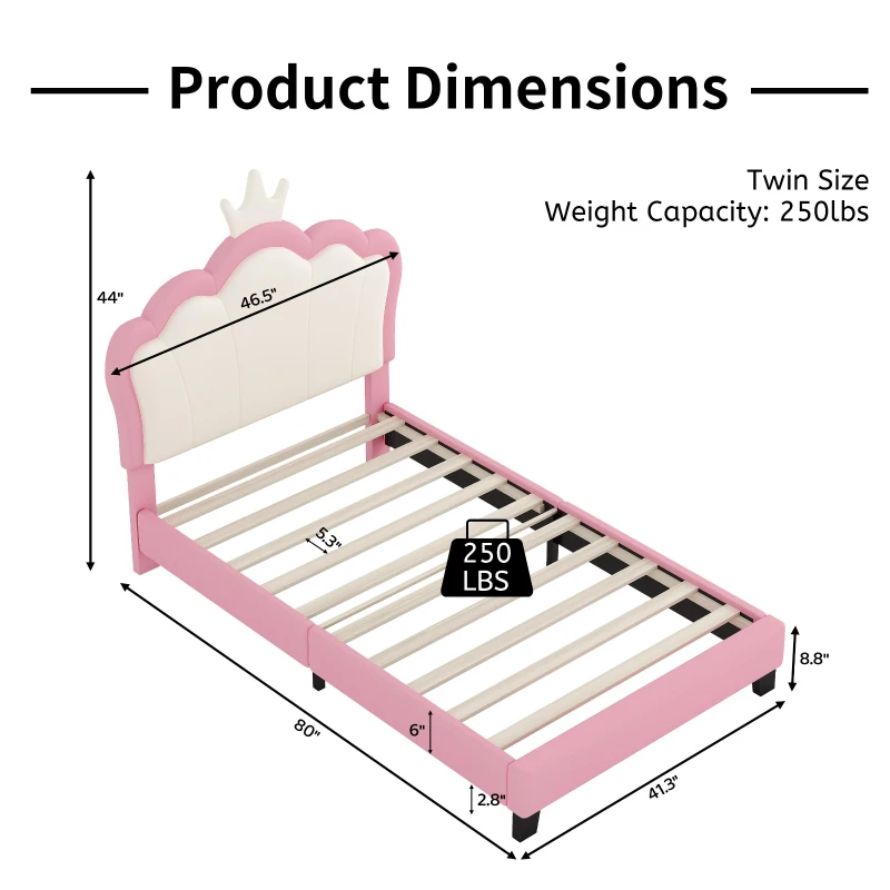 Twin Size Upholstered Princess Bed with Crown Headboard, Solid Poplar Wood Frame, Bed Frame for Children, 80" L x 41.5" W x 44" H, Pink
