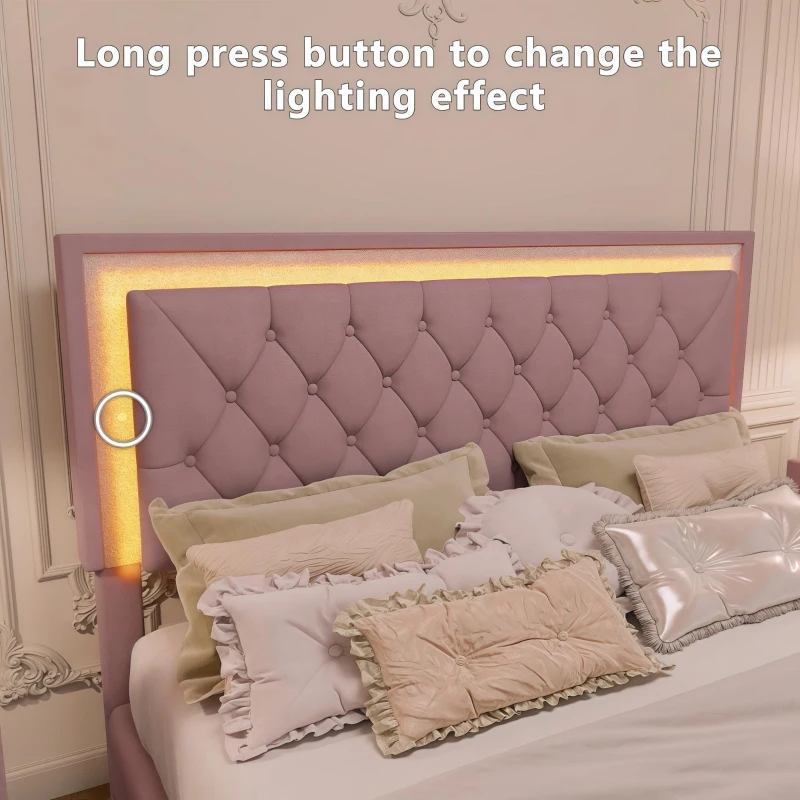 Queen Size Bedroom Set with Upholstered Platform Bed, LED Lights and 2 Nightstands, Bed for Living Room, 84" L x 64" W x 46" H, Pink