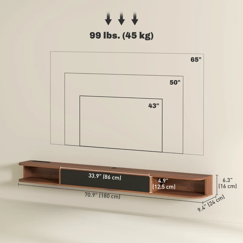 HOMCOM 71" Floating TV Stand for TVs up to 75 Inch, Wall Mounted Media Console with Flip Drawer and 2 Open Shelves, Walnut