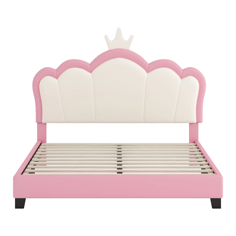 Full Size Upholstered Princess Bed with Crown Headboard, Solid Poplar Wood Frame, Bed Frame for Children, 80" L x 61.5" W x 44" H, Pink