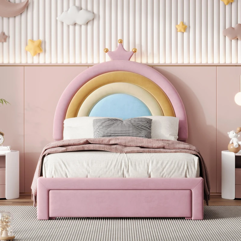 Twin Size Velvet Platform Bed with Storage Drawer, Upholstered Rainbow Design, Bed Frame for Children, 77.5" L x 40.5" W x 47" H, Pink