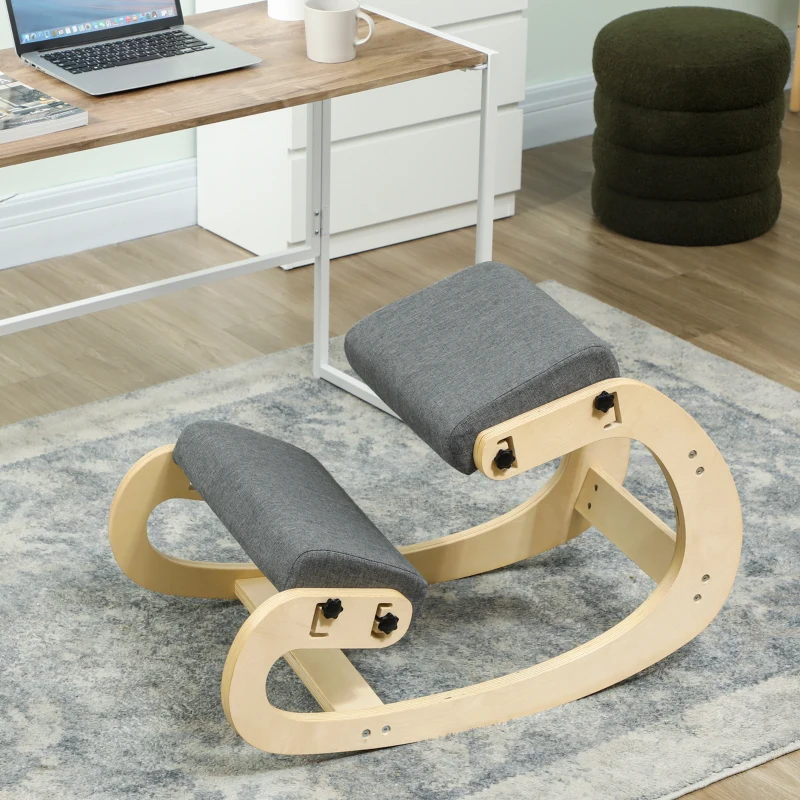 HOMCOM Ergonomic Kneeling Chair, Adjustable Rocking Wood Kneeling Stool, Desk Chair, Improve Posture, Grey