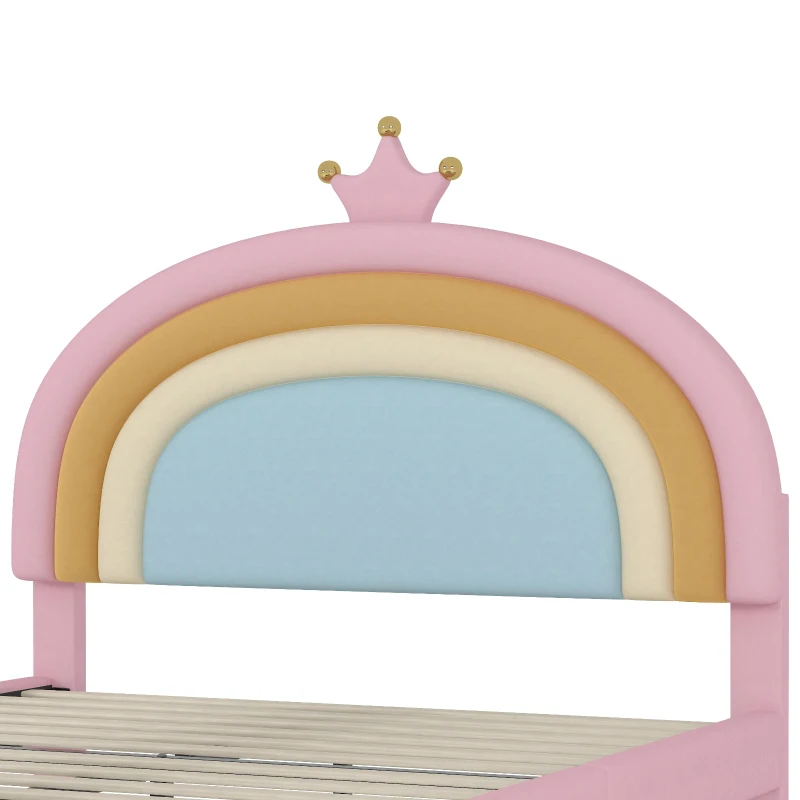 Full Size Upholstered Rainbow Design Bed with Velvet Finish and Storage Drawer, Bed Frame for Children, 77.5" L x 55.5" W x 47" H, Pink