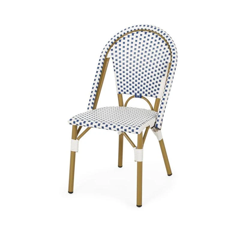 Set of 2 French Bistro Chairs with PE Rattan and Aluminium Frame, Outdoor Chairs with Bamboo Print Finish, 18.5'' L x 21.5'' W x 35'' H, White+Blue