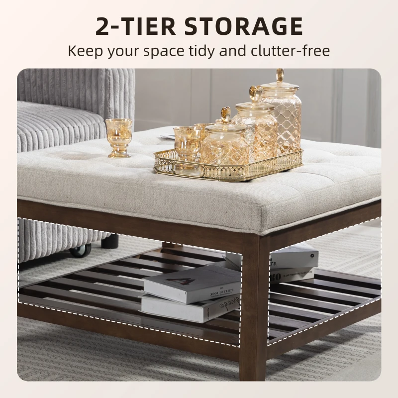 HOMCOM Ottoman Coffee Table, 32 Inch Square Footrest Ottoman with Storage, Linen Upholstered Tufted Footstool, Beige