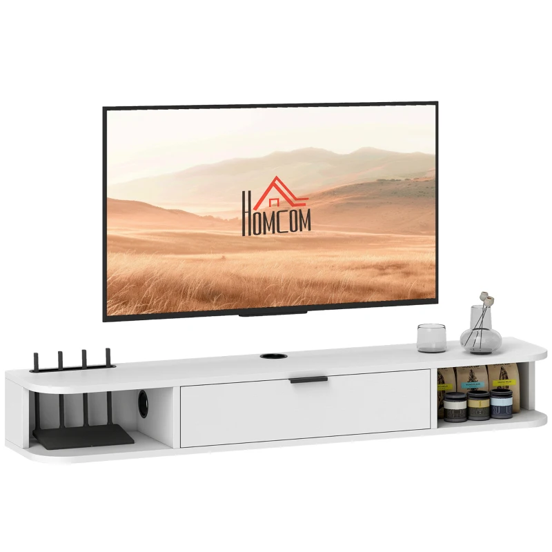 HOMCOM 47" Floating TV Stand for TVs up to 50 Inch, Wall Mounted Media Console with Flip Drawer and 2 Open Shelves, White