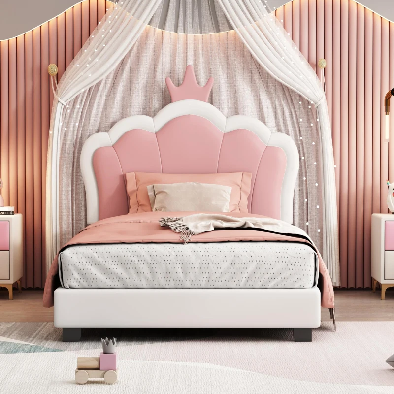 Twin Size Upholstered Princess Bed with Crown Headboard, Solid Poplar Wood Frame, Bed Frame for Children, 80" L x 41.5" W x 44" H, Cream