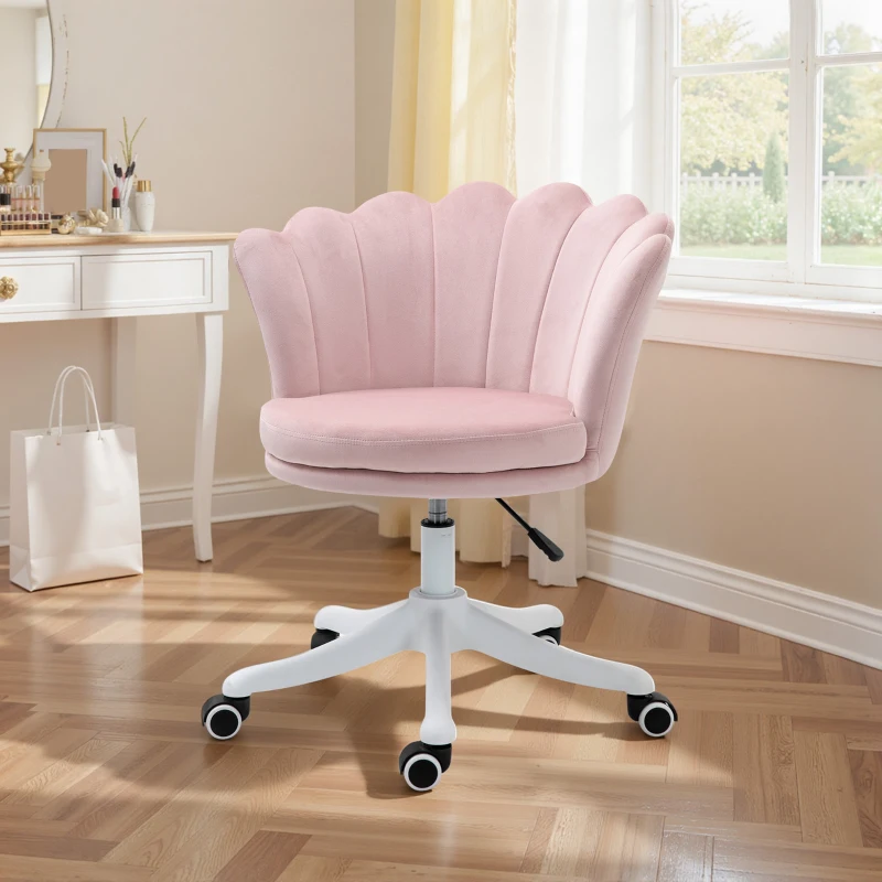 HOMCOM Adjustable Height Study Chair, Mid Back Velvet Office Chair with Swivel Wheels, Pink