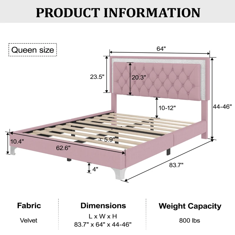 Queen Size Bedroom Set with Upholstered Platform Bed, LED Lights and 2 Nightstands, Bed for Living Room, 84" L x 64" W x 46" H, Pink