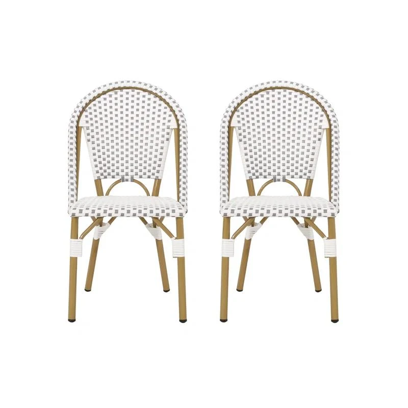 Set of 2 French Bistro Chairs with PE Rattan and Aluminium Frame, Outdoor Chairs with Bamboo Print Finish, 18.5'' L x 21.5'' W x 35'' H, White+Grey