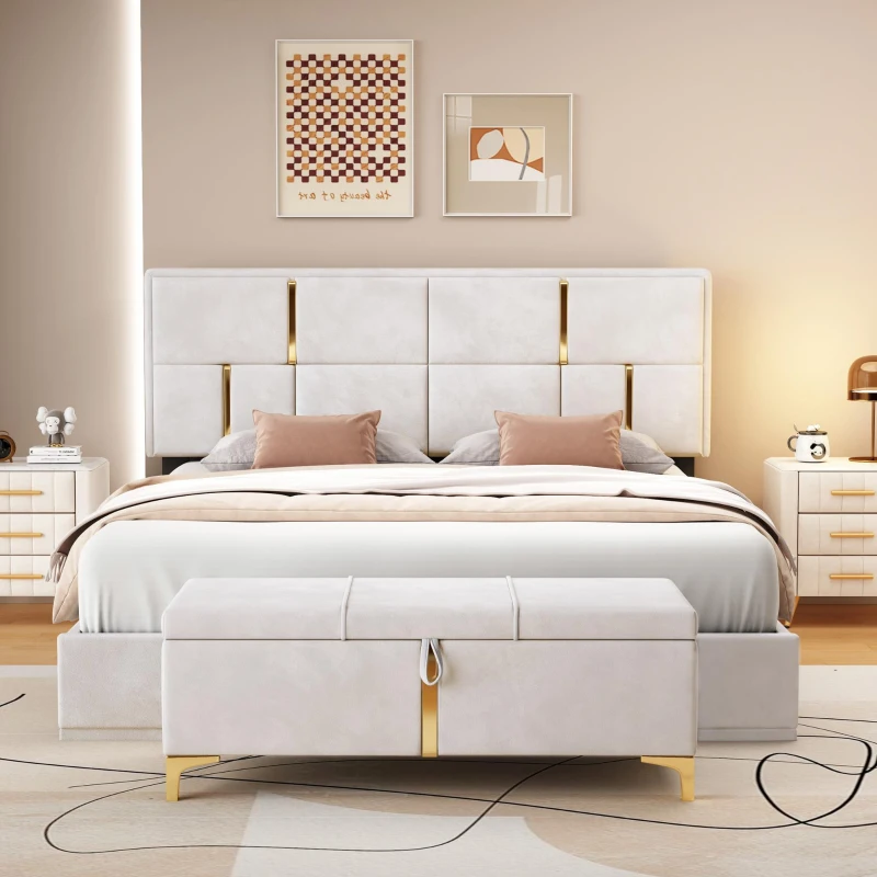 Queen Size Bedroom Set with Storage Ottoman, Upholstered Fabric, Hydraulic Platform Bed for Living Room, 85" L x 64.5" W x 41" H, Beige