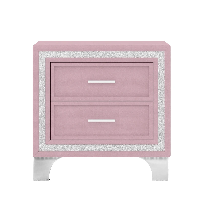 Mid-Century Vintage Nightstand with Silver Glitter Strip Decor, Velvet Bedside Table with Metal Legs and 2 Drawers, 22" L x 16" W x 22" H, Pink