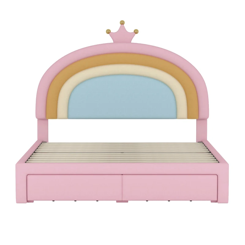 Full Size Upholstered Rainbow Design Bed with Velvet Finish and Storage Drawer, Bed Frame for Children, 77.5" L x 55.5" W x 47" H, Pink