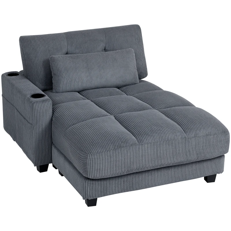 HOMCOM 58" Chaise Lounge Indoor, Oversized Corduroy Sofa Bed with 2 Cup Holders, Pillow, Deep Seat Sleeper Couch, Dark Grey