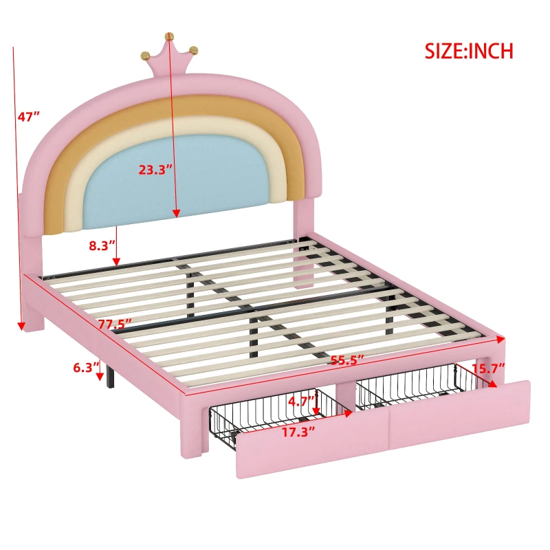 Full Size Upholstered Rainbow Design Bed with Velvet Finish and Storage Drawer, Bed Frame for Children, 77.5" L x 55.5" W x 47" H, Pink