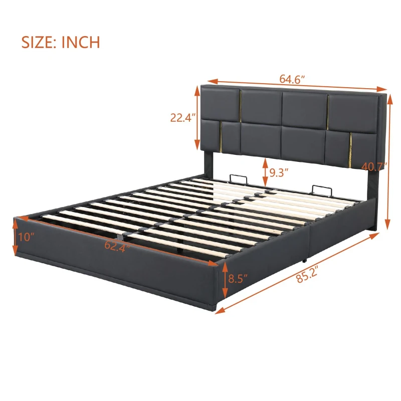 Queen Size Upholstered Platform Bed with Hydraulic Storage, MDF and Plywood Frame, Bed Frame for Living Room, 85" L x 64.5" W x 41" H, Black