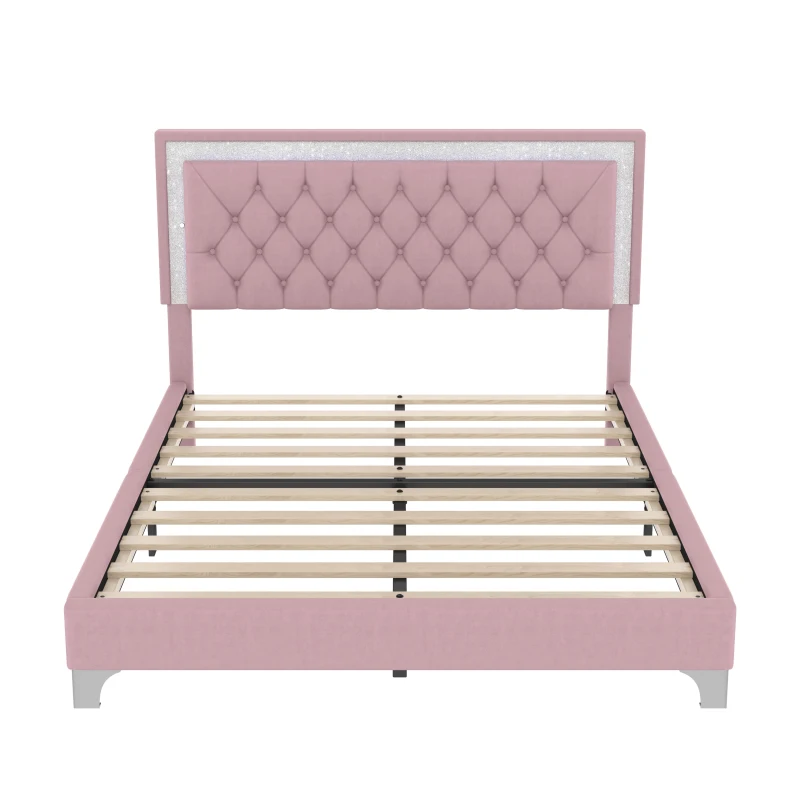 Queen Size Bedroom Set with Upholstered Platform Bed, LED Lights and 2 Nightstands, Bed for Living Room, 84" L x 64" W x 46" H, Pink