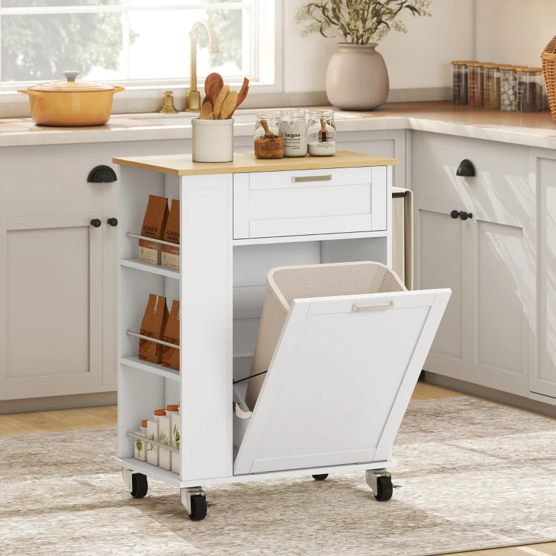HOMCOM Rolling Kitchen Island with Trash Can Storage, Kitchen Island on Wheels with Spice & Rack, Drawer for Kitchen, White