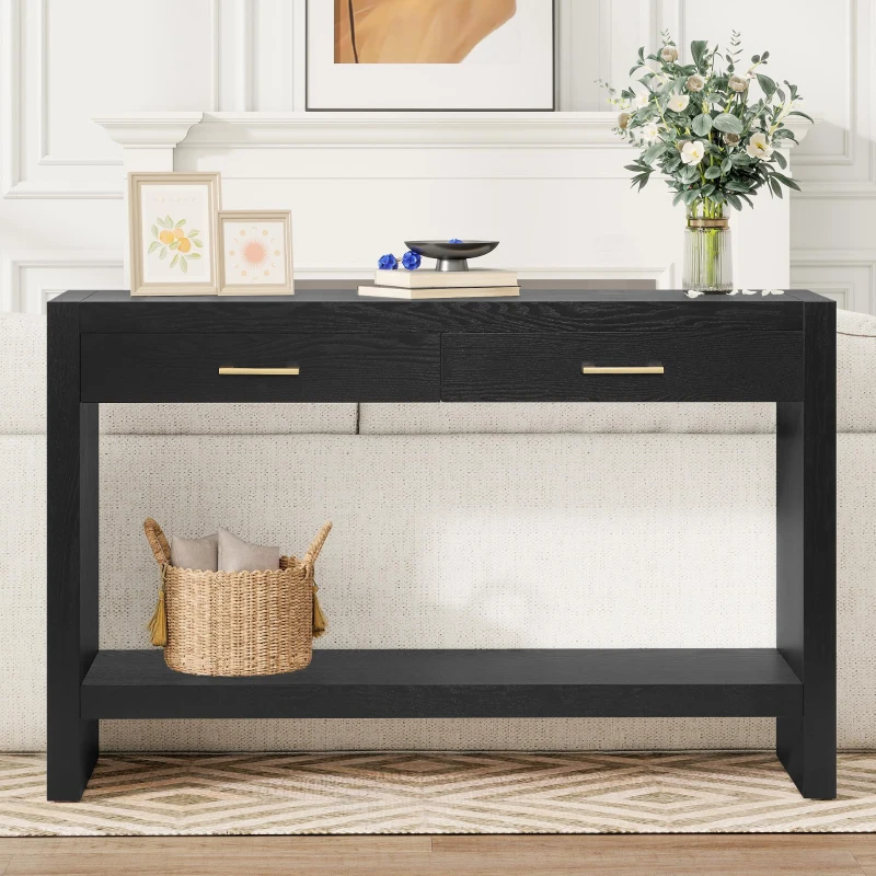 Farmhouse Console Table with Storage Drawers, Wooden Entryway Table Ideal for Living Room, Hallway, 47.5'' L x 15.5'' W x 30'' H, Black