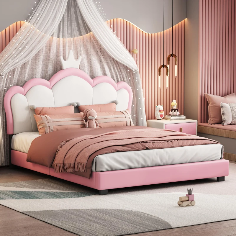 Full Size Upholstered Princess Bed with Crown Headboard, Solid Poplar Wood Frame, Bed Frame for Children, 80" L x 61.5" W x 44" H, Pink