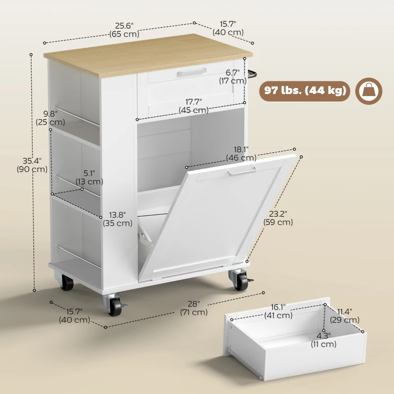 HOMCOM Rolling Kitchen Island with Trash Can Storage, Kitchen Island on Wheels with Spice & Rack, Drawer for Kitchen, White