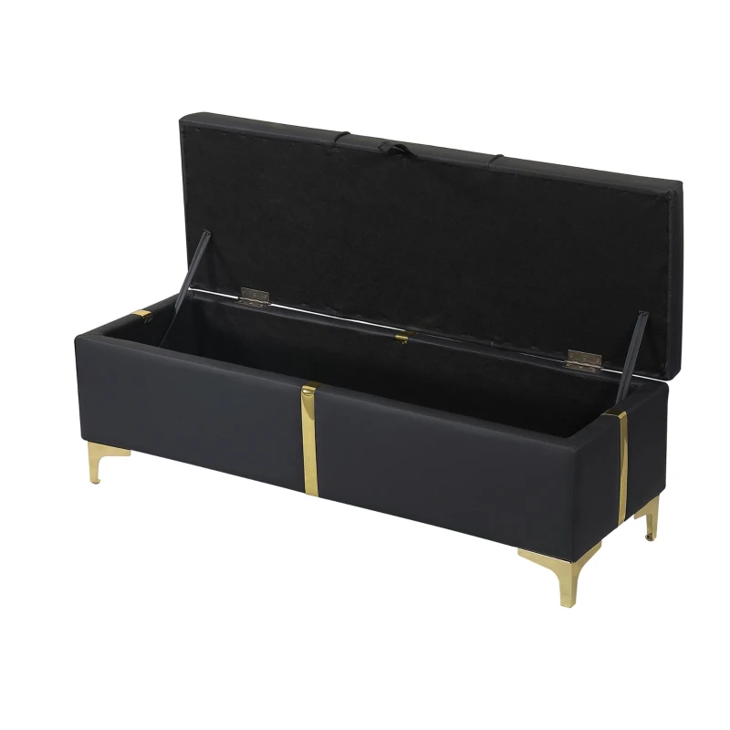 Elegant Upholstered Storage Ottoman with Metal Legs, Generous Storage, Bench for Bedroom and Living Room, 47" L x 15.5" W x 16" H, Black