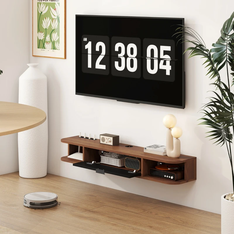 HOMCOM 47" Floating TV Stand for TVs up to 50 Inch, Wall Mounted Media Console with Flip Drawer and 2 Open Shelves, Walnut