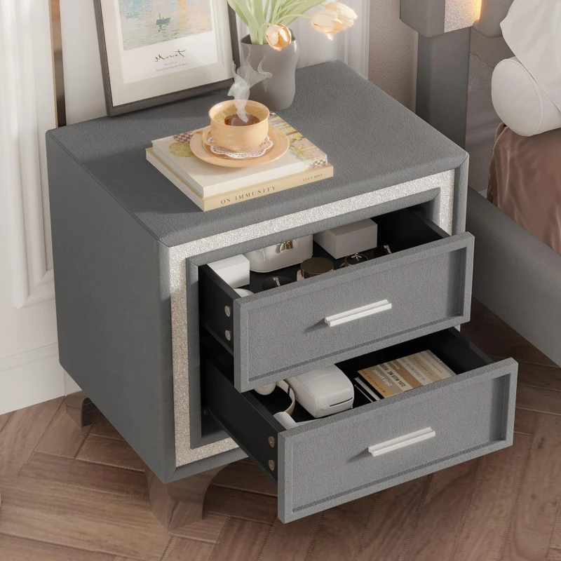 Mid Century Vintage Nightstand with Metal Legs and 2 Drawers, Velvet Bedside Table for Living Room, 22" L x 16" W x 22" H, Gray