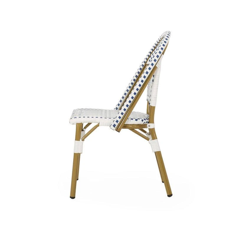 Set of 2 French Bistro Chairs with PE Rattan and Aluminium Frame, Outdoor Chairs with Bamboo Print Finish, 18.5'' L x 21.5'' W x 35'' H, White+Blue