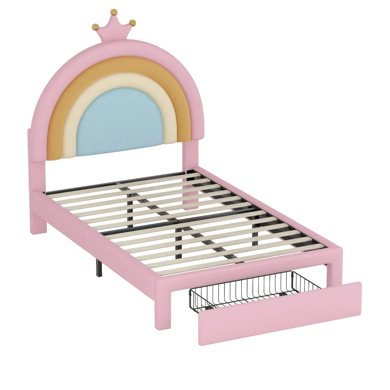 Twin Size Velvet Platform Bed with Storage Drawer, Upholstered Rainbow Design, Bed Frame for Children, 77.5" L x 40.5" W x 47" H, Pink