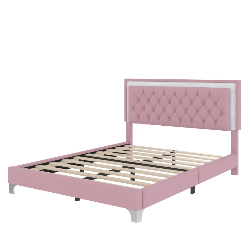 Queen Size Upholstered Bed Frame with LED Lights, Modern Velvet Platform Bed with Tufted Headboard, 84" L x 64" W x 44.5" H, Pink