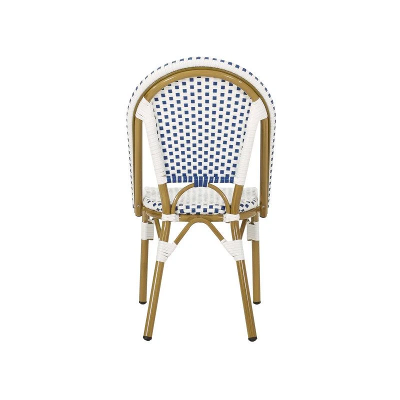 Set of 2 French Bistro Chairs with PE Rattan and Aluminium Frame, Outdoor Chairs with Bamboo Print Finish, 18.5'' L x 21.5'' W x 35'' H, White+Blue
