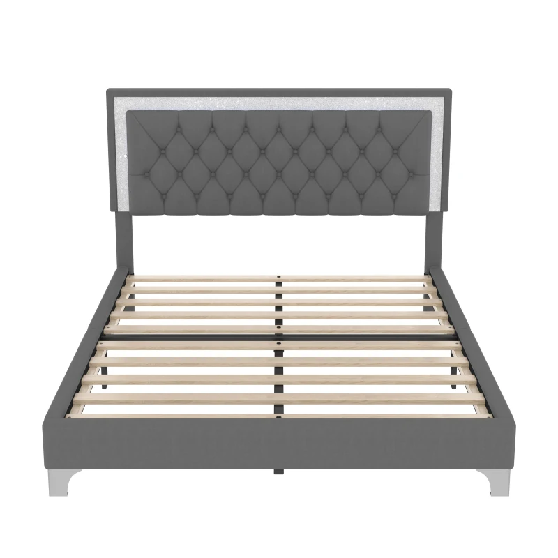 Queen Size Bedroom Set with Upholstered Platform Bed, LED Lights and 2 Nightstands, Bed for Living Room, 84" L x 64" W x 46" H, Gray