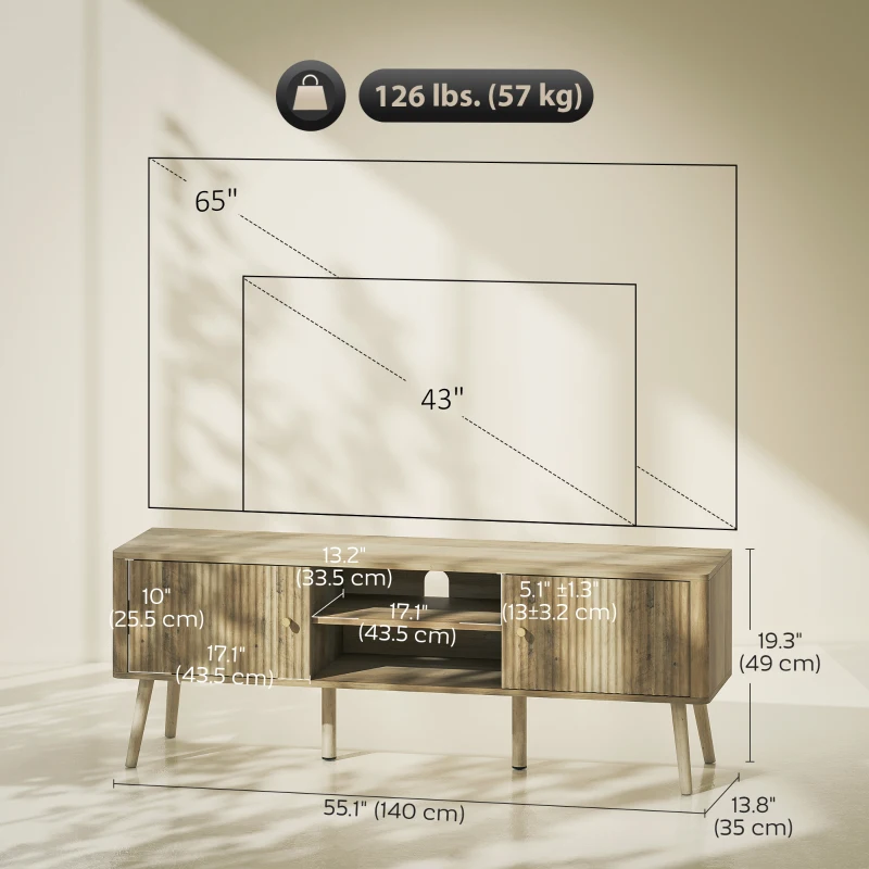 HOMCOM TV Stand for 65 Inch Television, Entertainment Center with Adjustable Shelves and Pine Wood Legs for Living Room, Oak