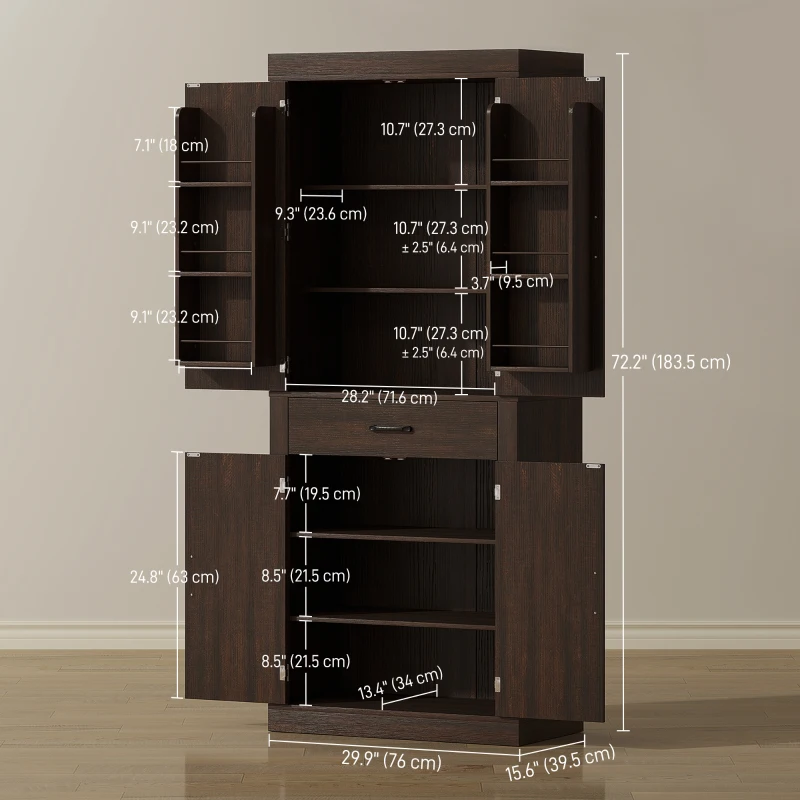 HOMCOM 72" Kitchen Pantry Cabinet, Farmhouse Kitchen Storage Cabinet with 4 Barn Doors, 6 Door Shelves, Drawer, Brown