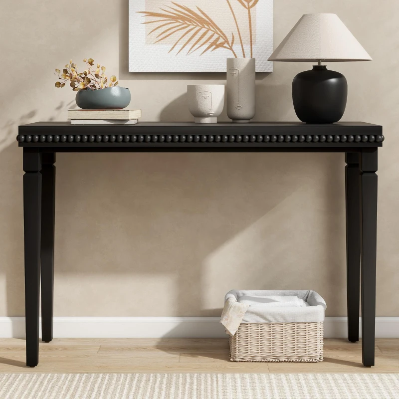 Farmhouse Console Table with Beaded Trim and Natural Wood, Accent Sofa Table for Living Room, Hallway, 47.5'' L x 16'' W x 32'' H, Black