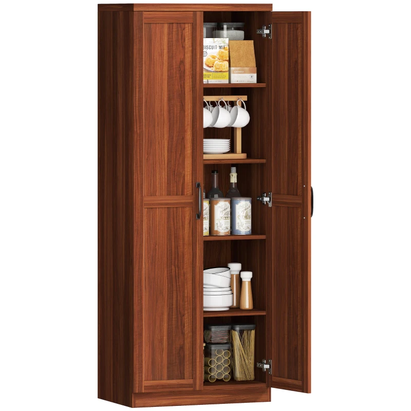 HOMCOM 63" 2-Door Kitchen Pantry, Freestanding Storage Cabinet with 5-tier Shelving and 2 Adjustable Shelves for Dining Room, Brown