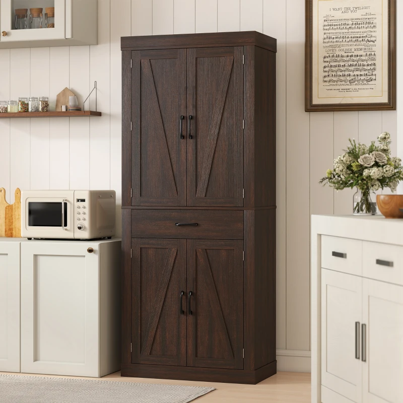 HOMCOM 72" Kitchen Pantry Cabinet, Farmhouse Kitchen Storage Cabinet with 4 Barn Doors, 6 Door Shelves, Drawer, Brown
