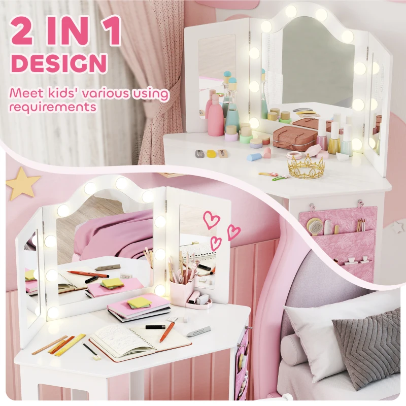 Qaba Kids Vanity Table and Chair Set with Lights, Makeup Dressing Table with Tri-Fold Mirror for Ages 3-8 Years, White