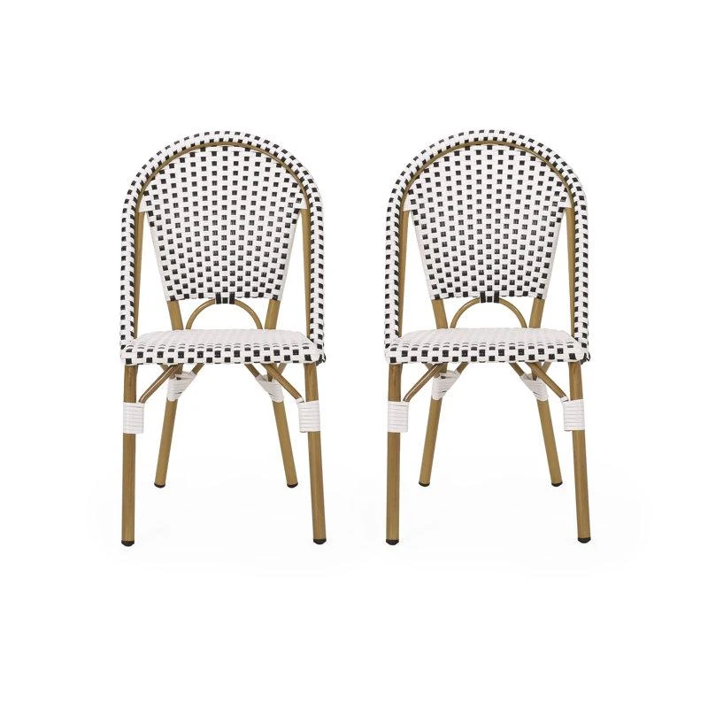 Set of 2 French Bistro Chairs with PE Rattan and Aluminium Frame, Outdoor Chairs with Bamboo Print Finish, 18.5'' L x 21.5'' W x 35'' H, White+Black