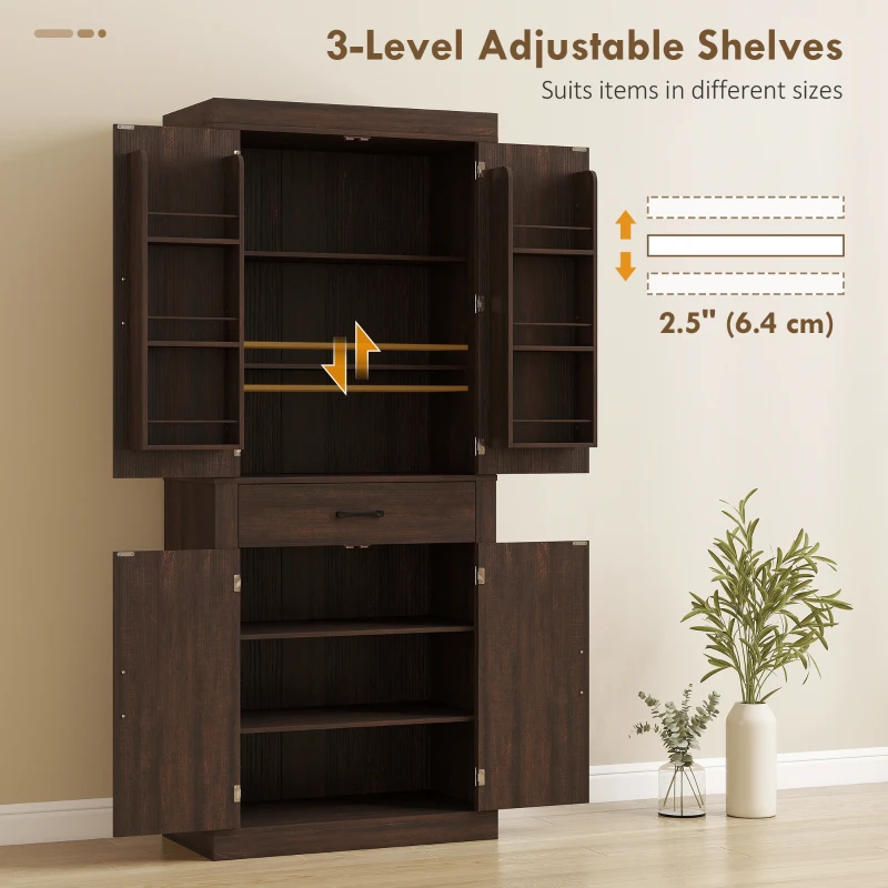 HOMCOM 72" Kitchen Pantry Cabinet, Farmhouse Kitchen Storage Cabinet with 4 Barn Doors, 6 Door Shelves, Drawer, Brown