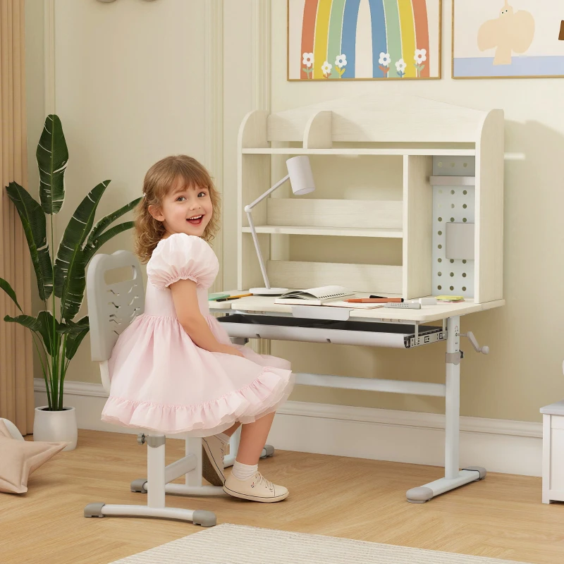 Qaba Kids Desk Height Adjustable with Tilted Desktop, Storage, Drawer, Pegboard, for 3-12 Years