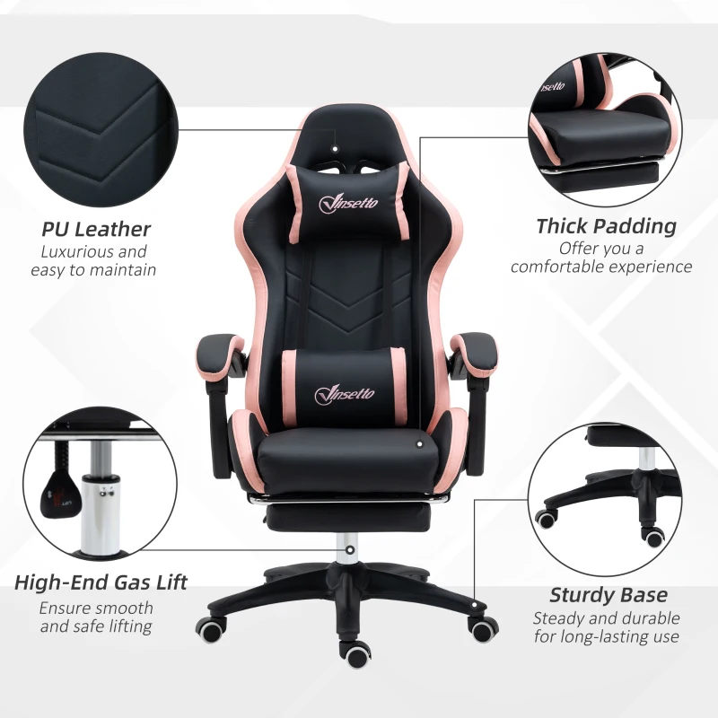 Vinsetto Computer Gaming Chair, PU Leather Office Desk Chair with Footrest, Swivel Wheels, 135° Reclining Back, Black