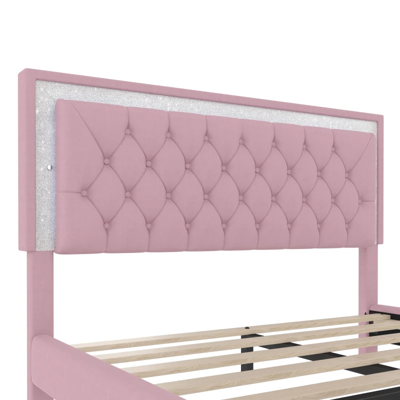 Queen Size Upholstered Bed Frame with LED Lights, Modern Velvet Platform Bed with Tufted Headboard, 84" L x 64" W x 44.5" H, Pink