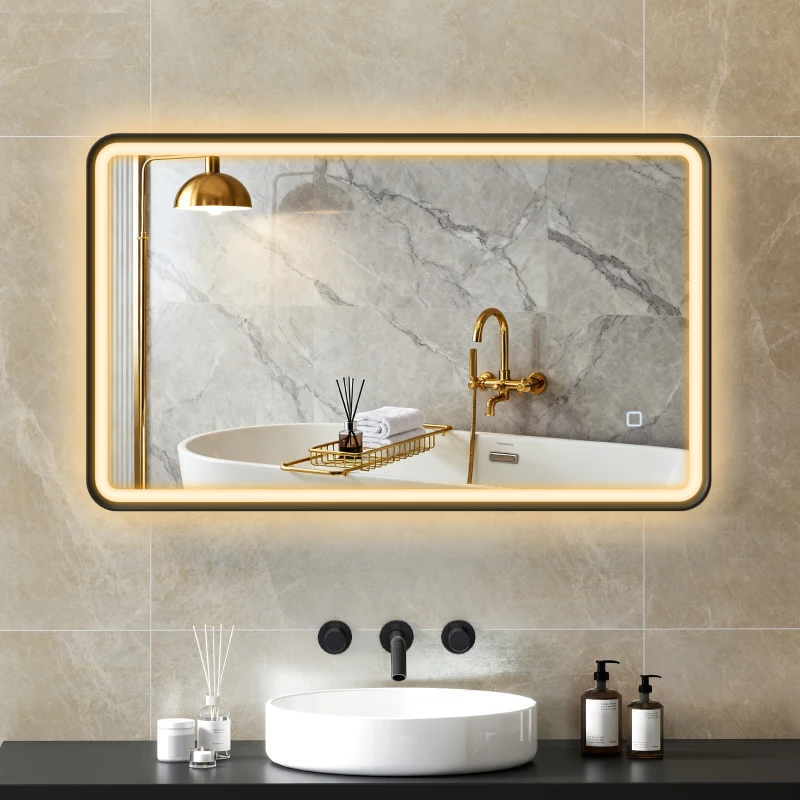 HOMCOM 40" x 24" Bath Mirror with LED Lights, Wall Mounted Restroom Mirror, 3 Colours, Dimmable, Horizontal/Vertical, Black