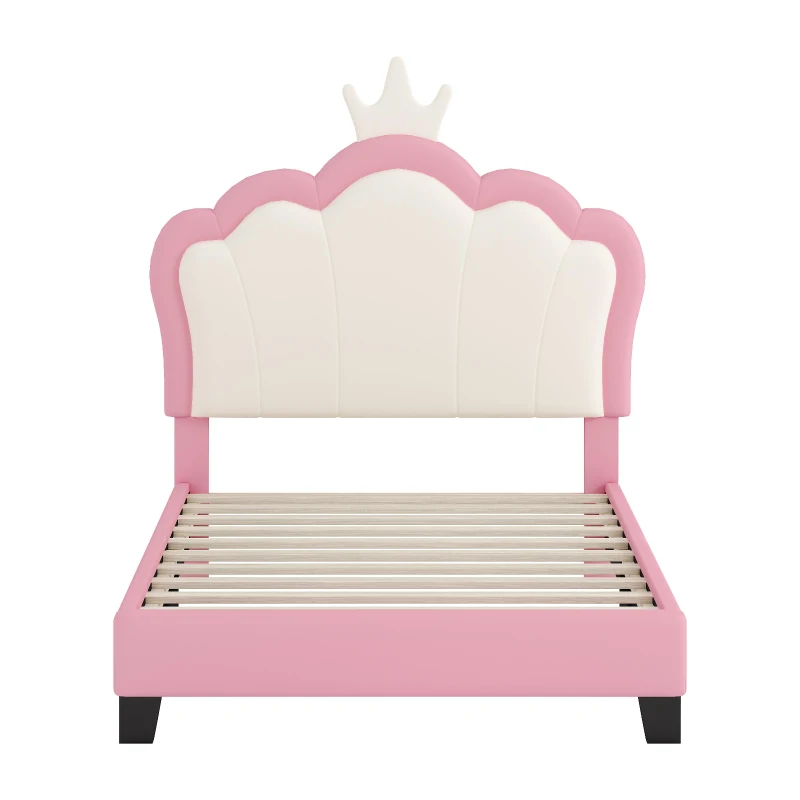 Twin Size Upholstered Princess Bed with Crown Headboard, Solid Poplar Wood Frame, Bed Frame for Children, 80" L x 41.5" W x 44" H, Pink