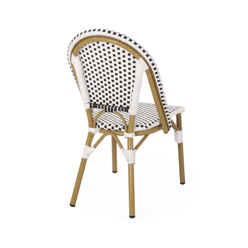 Set of 2 French Bistro Chairs with PE Rattan and Aluminium Frame, Outdoor Chairs with Bamboo Print Finish, 18.5'' L x 21.5'' W x 35'' H, White+Black